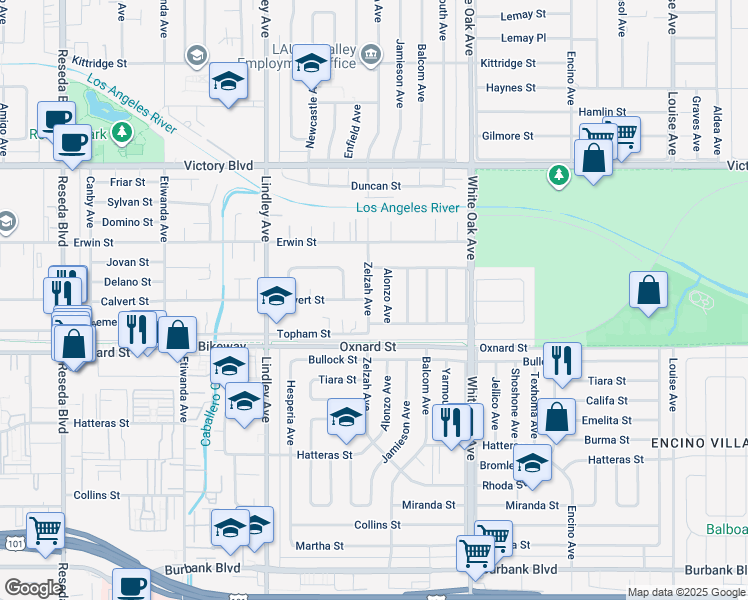 map of restaurants, bars, coffee shops, grocery stores, and more near 6144 Zelzah Avenue in Los Angeles