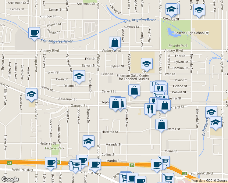 map of restaurants, bars, coffee shops, grocery stores, and more near Calvert Street in Los Angeles