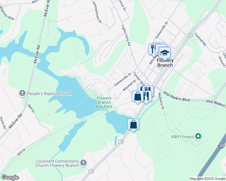 map of restaurants, bars, coffee shops, grocery stores, and more near 6193 Gainesville Street in Flowery Branch