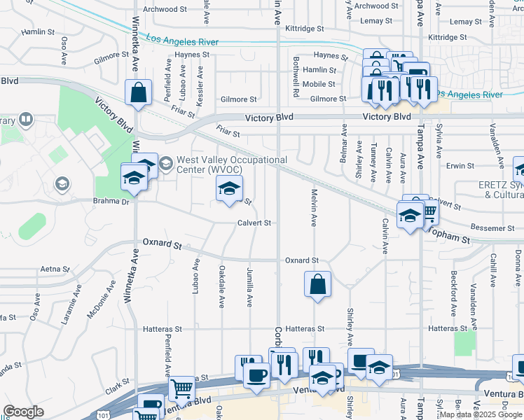 map of restaurants, bars, coffee shops, grocery stores, and more near 6118 Jumilla Avenue in Los Angeles