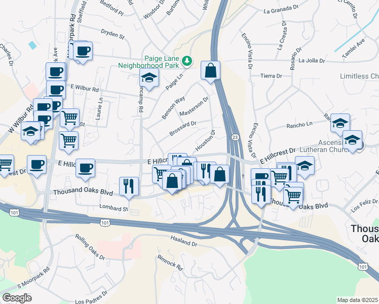 map of restaurants, bars, coffee shops, grocery stores, and more near 209 Houston Drive in Thousand Oaks