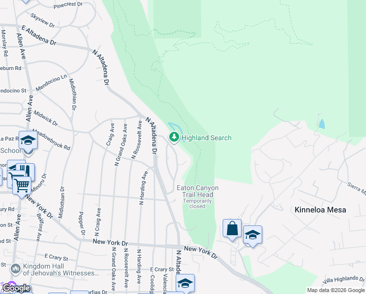 map of restaurants, bars, coffee shops, grocery stores, and more near 2078 Canyon Close Road in Pasadena