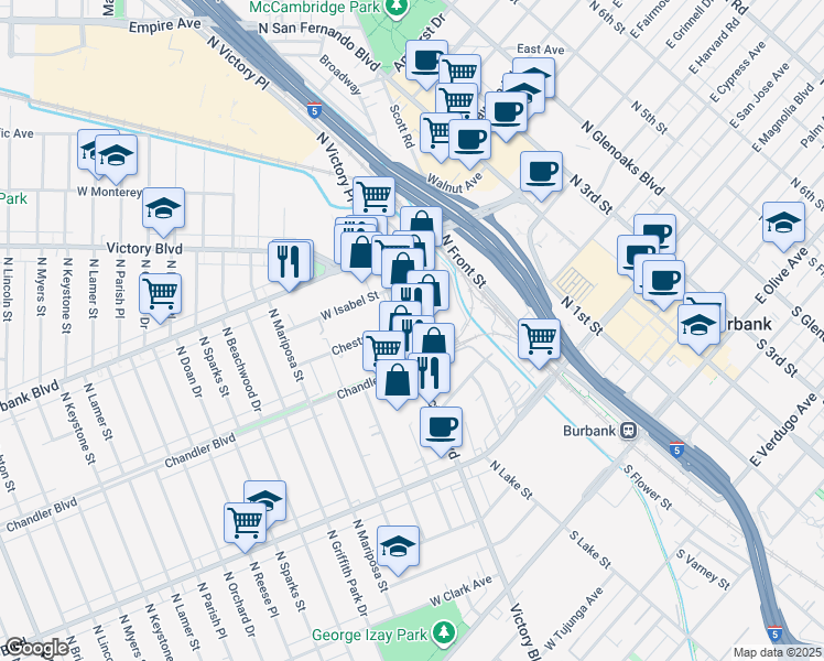 map of restaurants, bars, coffee shops, grocery stores, and more near 736 North Victory Boulevard in Burbank