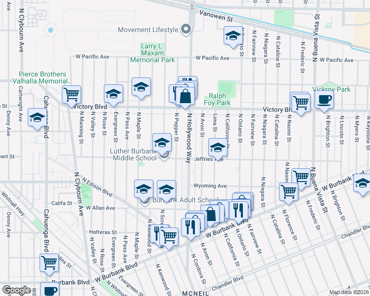 map of restaurants, bars, coffee shops, grocery stores, and more near 1817 North Hollywood Way in Burbank