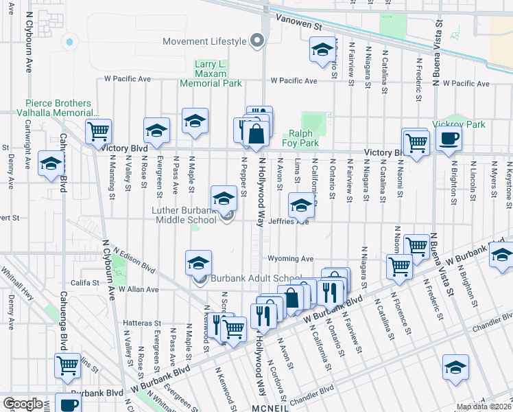 map of restaurants, bars, coffee shops, grocery stores, and more near 1817 North Hollywood Way in Burbank