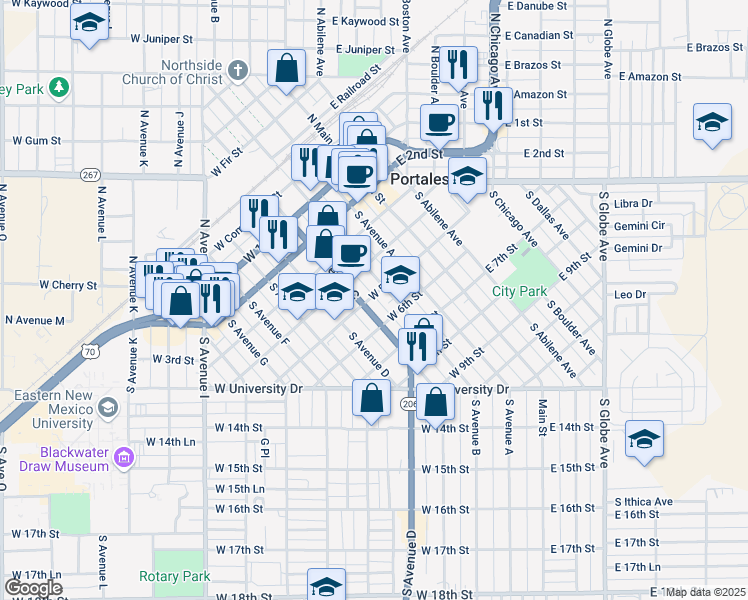 map of restaurants, bars, coffee shops, grocery stores, and more near 362-398 West 5th Street in Portales