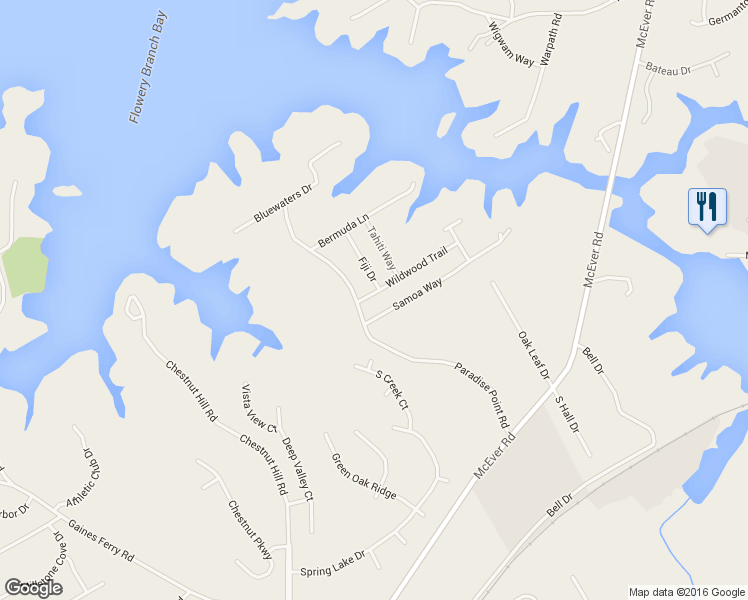 map of restaurants, bars, coffee shops, grocery stores, and more near 6432 Wildwood Trail in Flowery Branch