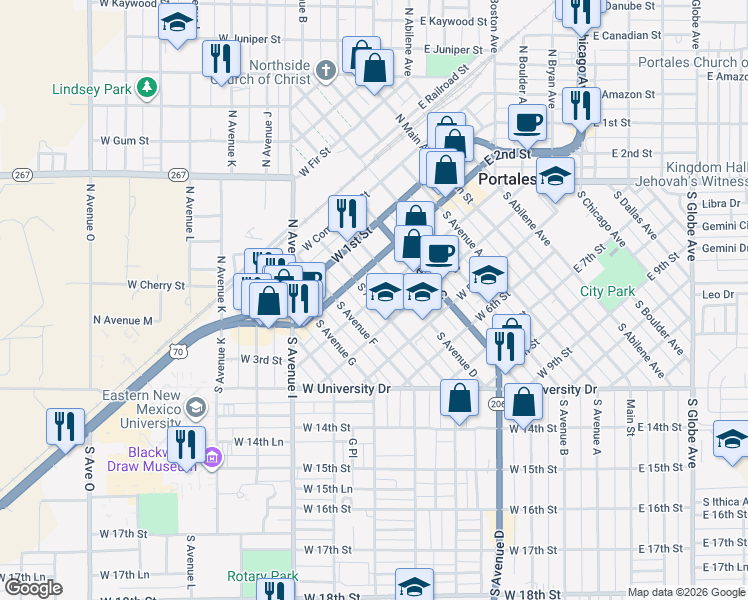 map of restaurants, bars, coffee shops, grocery stores, and more near 301 S Ave East in Portales