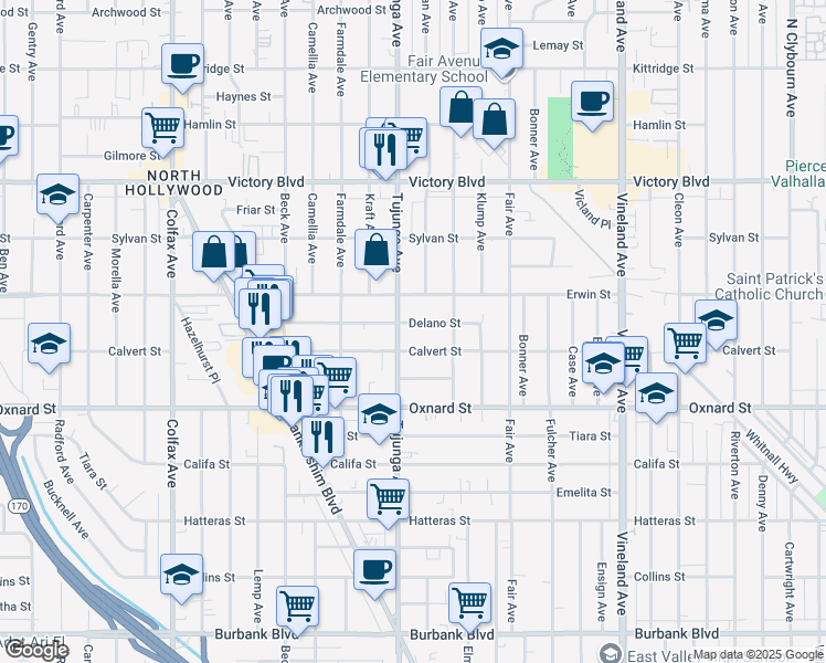 map of restaurants, bars, coffee shops, grocery stores, and more near 11344 Delano Street in Los Angeles