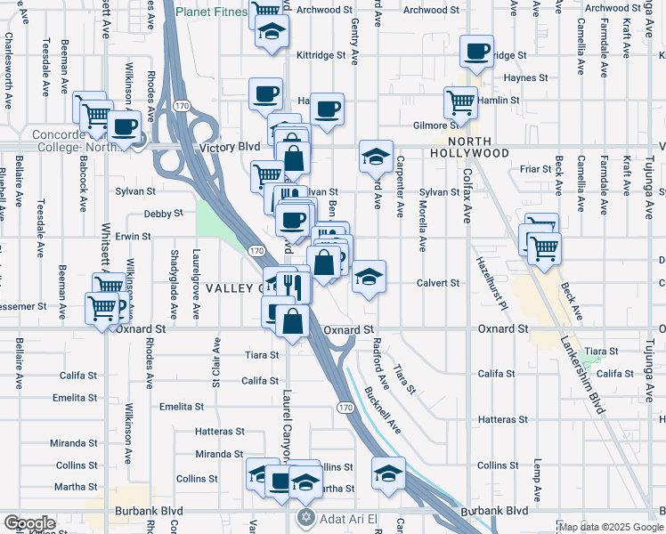 map of restaurants, bars, coffee shops, grocery stores, and more near 6130 Laurel Canyon Boulevard in Los Angeles