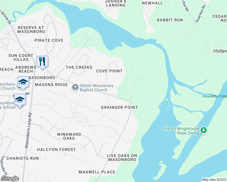map of restaurants, bars, coffee shops, grocery stores, and more near 7211 Masonboro Sound Road in Wilmington