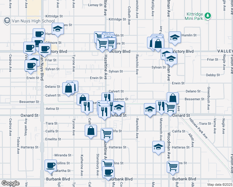 map of restaurants, bars, coffee shops, grocery stores, and more near 14018 Calvert Street in Los Angeles