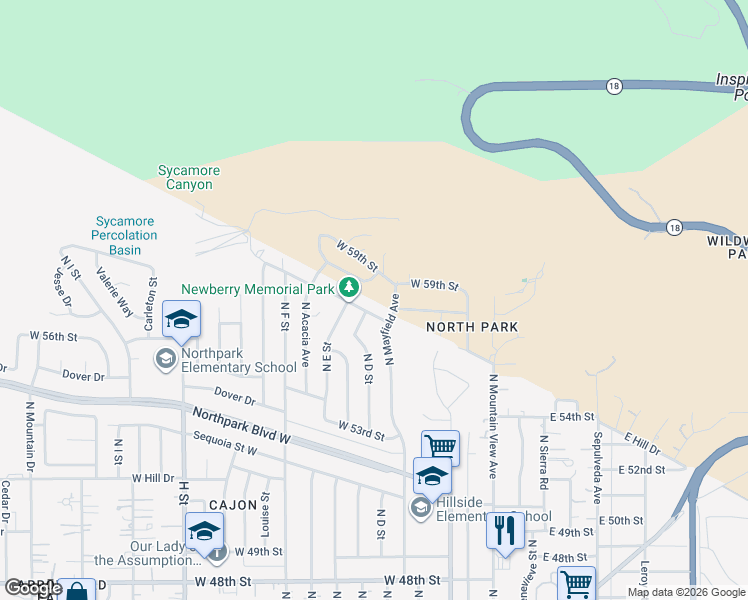 map of restaurants, bars, coffee shops, grocery stores, and more near 236 West Hill Street in San Bernardino