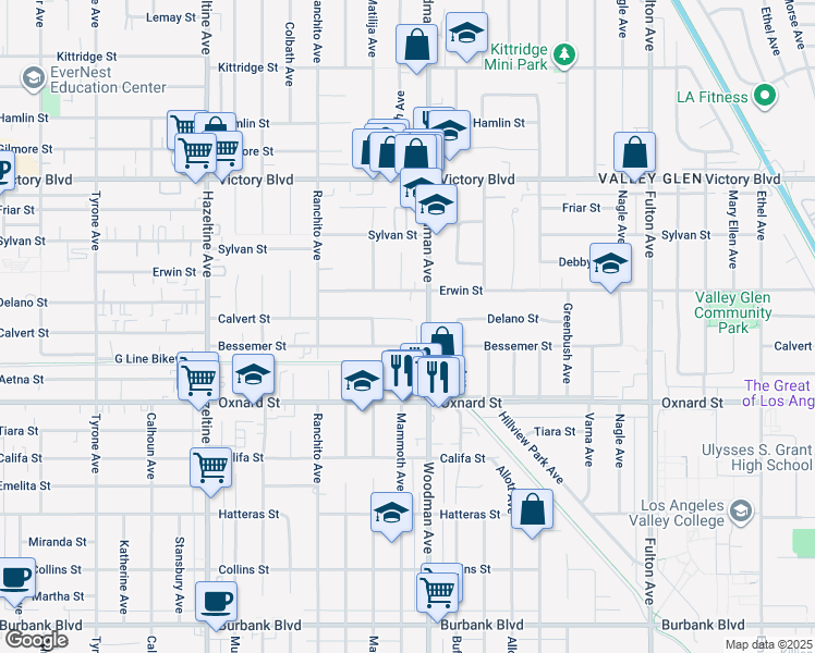 map of restaurants, bars, coffee shops, grocery stores, and more near 13718 Calvert Street in Los Angeles