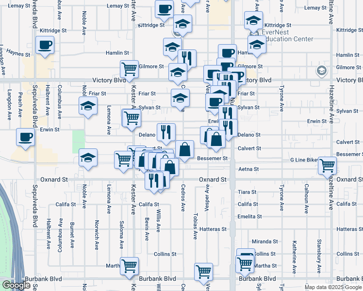 map of restaurants, bars, coffee shops, grocery stores, and more near 14701 Calvert Street in Los Angeles