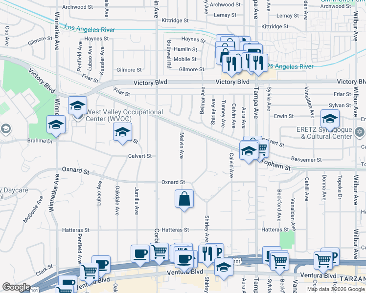 map of restaurants, bars, coffee shops, grocery stores, and more near 6120 Melvin Avenue in Los Angeles
