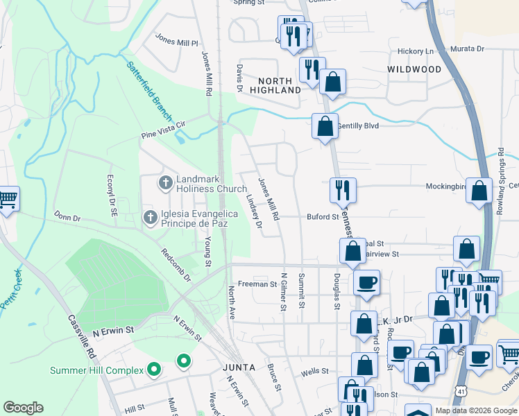 map of restaurants, bars, coffee shops, grocery stores, and more near 3 Grace Park Drive in Cartersville