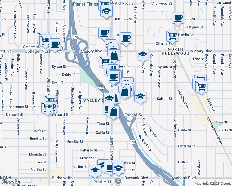 map of restaurants, bars, coffee shops, grocery stores, and more near 6130 Laurel Canyon Boulevard in Los Angeles