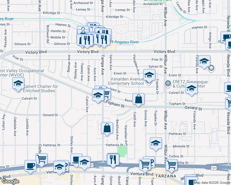 map of restaurants, bars, coffee shops, grocery stores, and more near 6133 Sylvia Avenue in Los Angeles