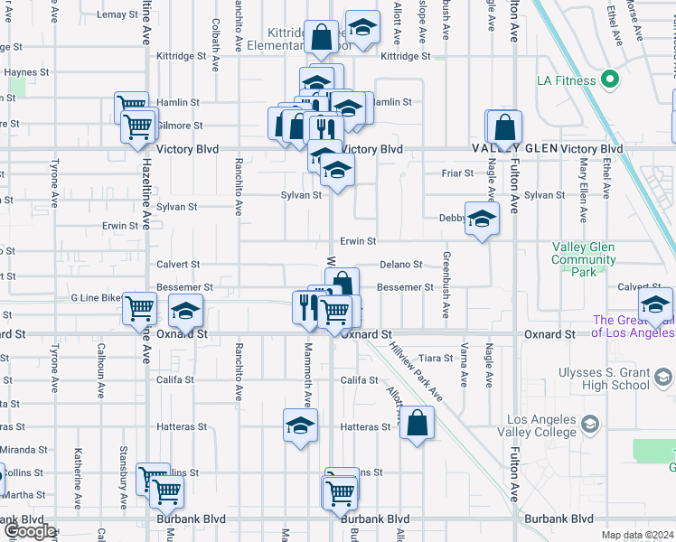 map of restaurants, bars, coffee shops, grocery stores, and more near 6126 Woodman Avenue in Los Angeles