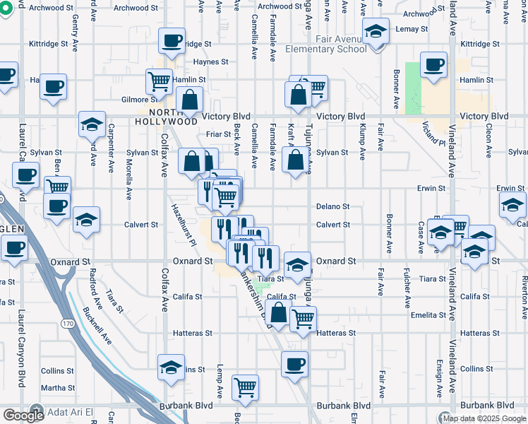map of restaurants, bars, coffee shops, grocery stores, and more near 11472 Delano Street in Los Angeles