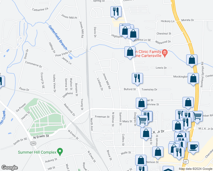 map of restaurants, bars, coffee shops, grocery stores, and more near 706 Jones Mill Road in Cartersville