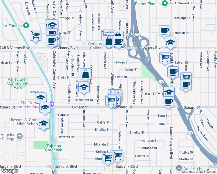 map of restaurants, bars, coffee shops, grocery stores, and more near 6125 Whitsett Avenue in Los Angeles