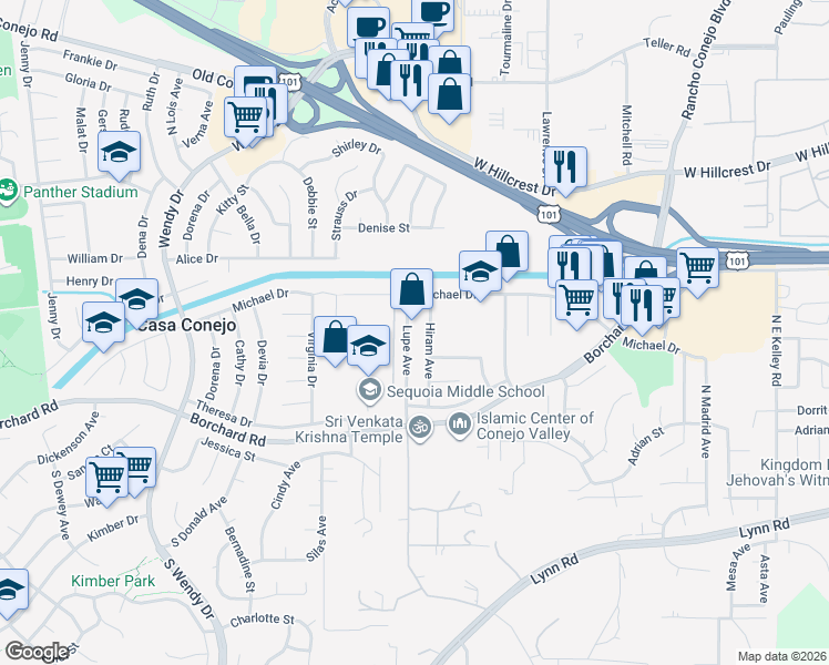 map of restaurants, bars, coffee shops, grocery stores, and more near 250 Lupe Avenue in Thousand Oaks