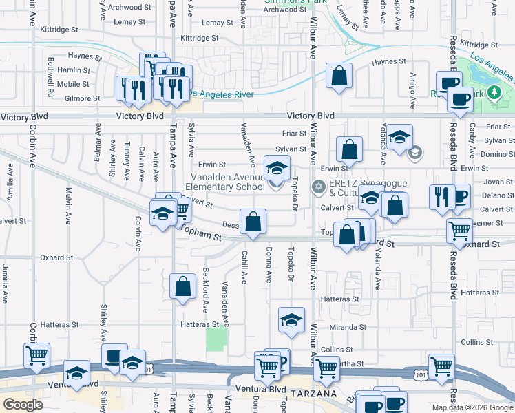 map of restaurants, bars, coffee shops, grocery stores, and more near 19041 Calvert Street in Los Angeles