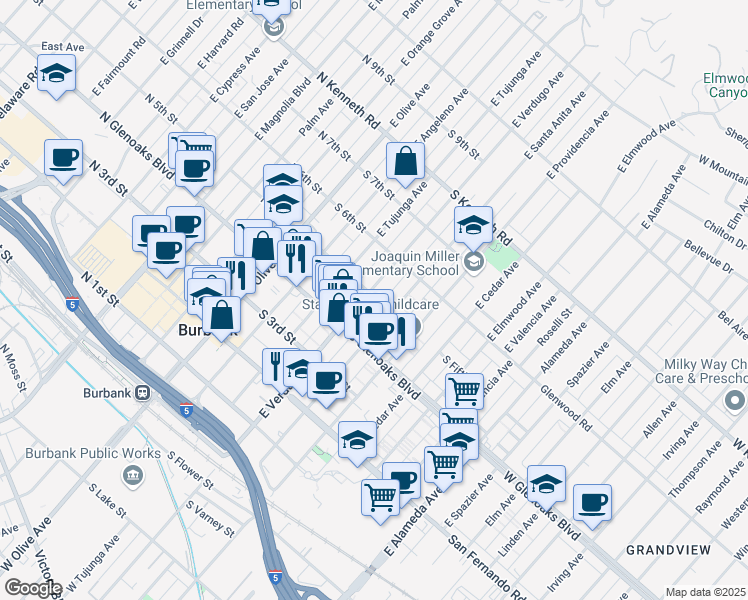 map of restaurants, bars, coffee shops, grocery stores, and more near 480 East Verdugo Avenue in Burbank