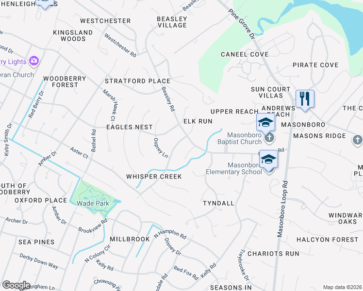 map of restaurants, bars, coffee shops, grocery stores, and more near 5536 Whisper Creek Lane in Wilmington