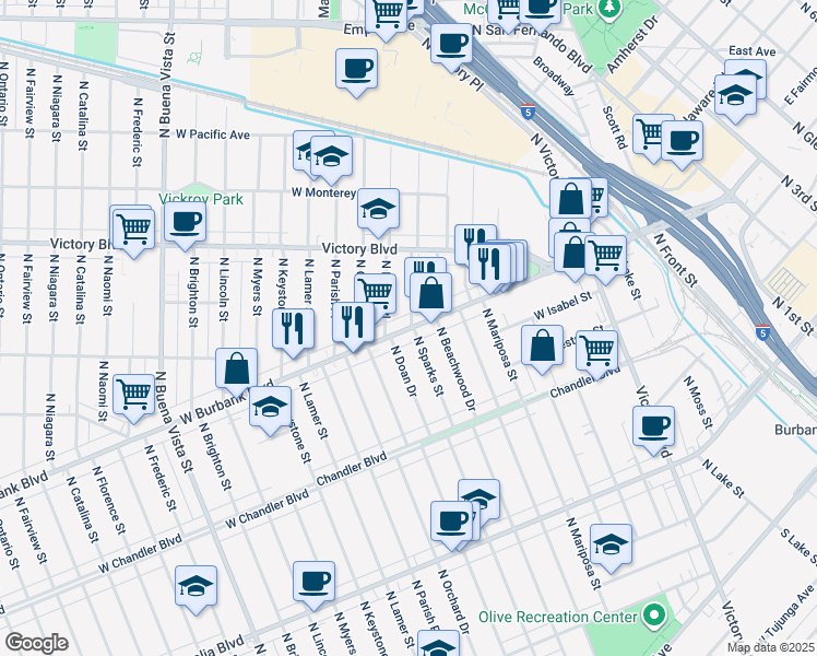 map of restaurants, bars, coffee shops, grocery stores, and more near 1605 West Burbank Boulevard in Burbank