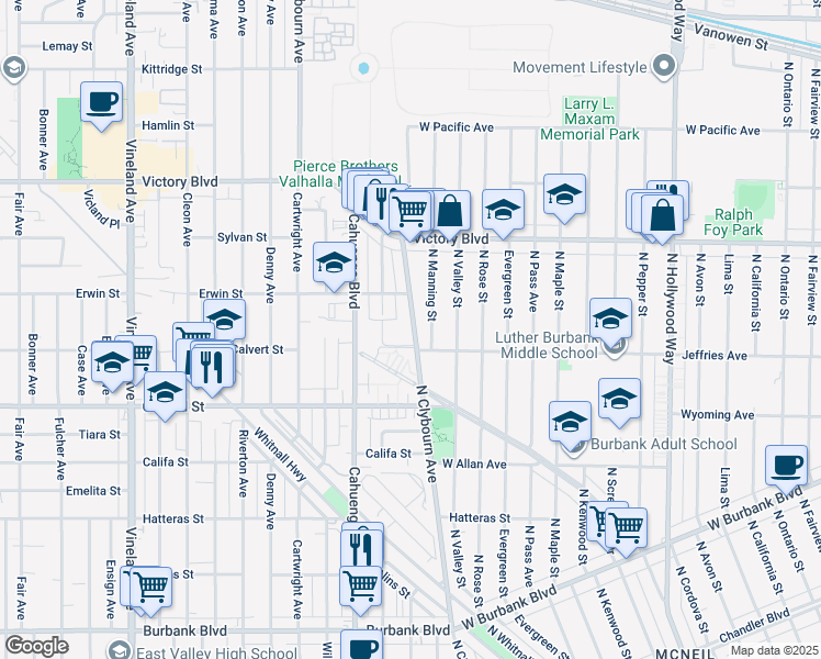 map of restaurants, bars, coffee shops, grocery stores, and more near 1921 North Manning Street in Burbank