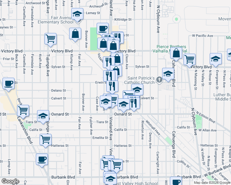 map of restaurants, bars, coffee shops, grocery stores, and more near 6120 Vineland Avenue in Los Angeles