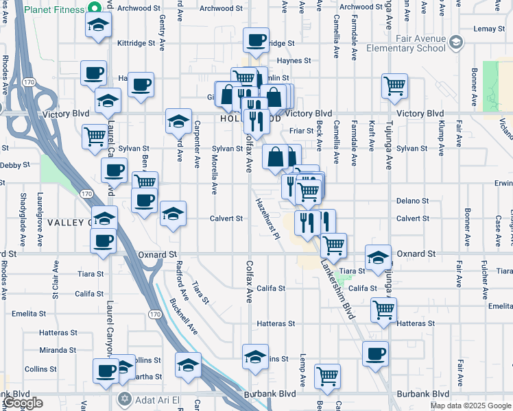 map of restaurants, bars, coffee shops, grocery stores, and more near 6122 Colfax Avenue in Los Angeles