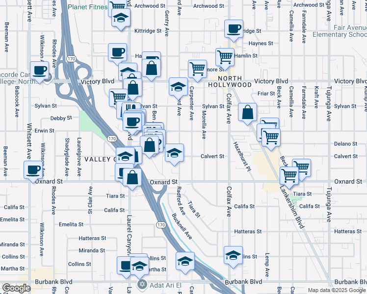 map of restaurants, bars, coffee shops, grocery stores, and more near 6120 Radford Avenue in Los Angeles