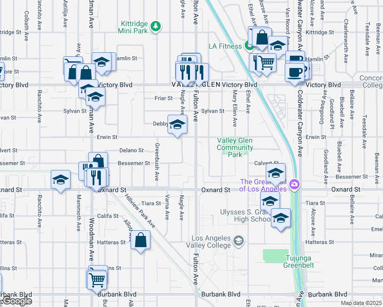 map of restaurants, bars, coffee shops, grocery stores, and more near 6130 Nagle Avenue in Los Angeles