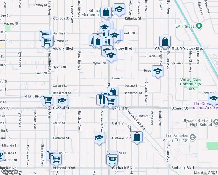 map of restaurants, bars, coffee shops, grocery stores, and more near 6126 Woodman Avenue in Los Angeles