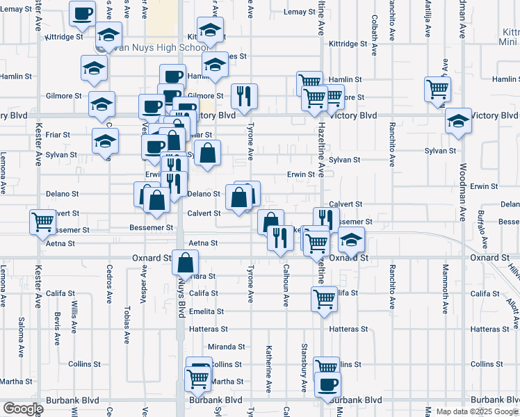 map of restaurants, bars, coffee shops, grocery stores, and more near 6156 Tyrone Avenue in Los Angeles
