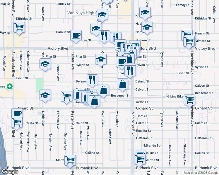 map of restaurants, bars, coffee shops, grocery stores, and more near 14633 Calvert Street in Los Angeles