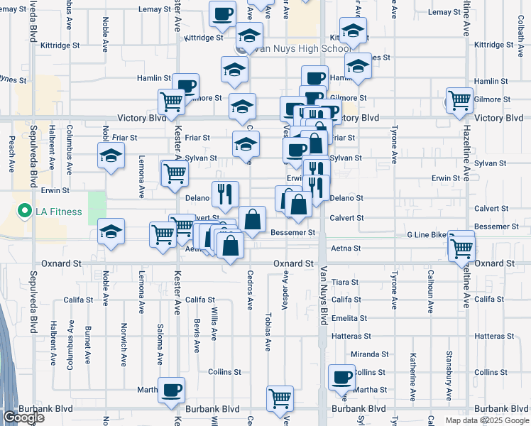 map of restaurants, bars, coffee shops, grocery stores, and more near 14633 Calvert Street in Los Angeles