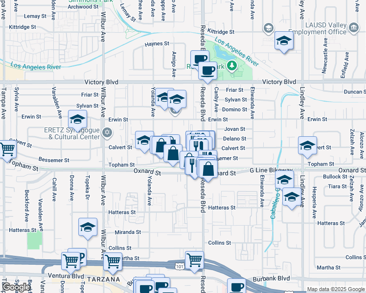 map of restaurants, bars, coffee shops, grocery stores, and more near 18529 Calvert Street in Los Angeles