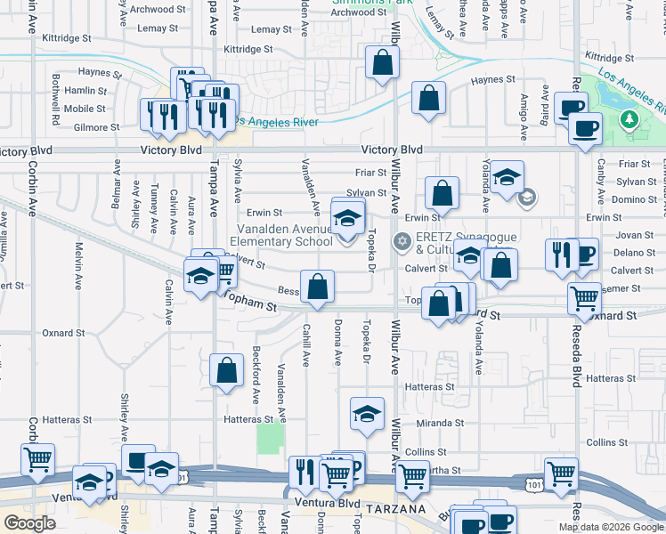 map of restaurants, bars, coffee shops, grocery stores, and more near 19035 Calvert Street in Los Angeles