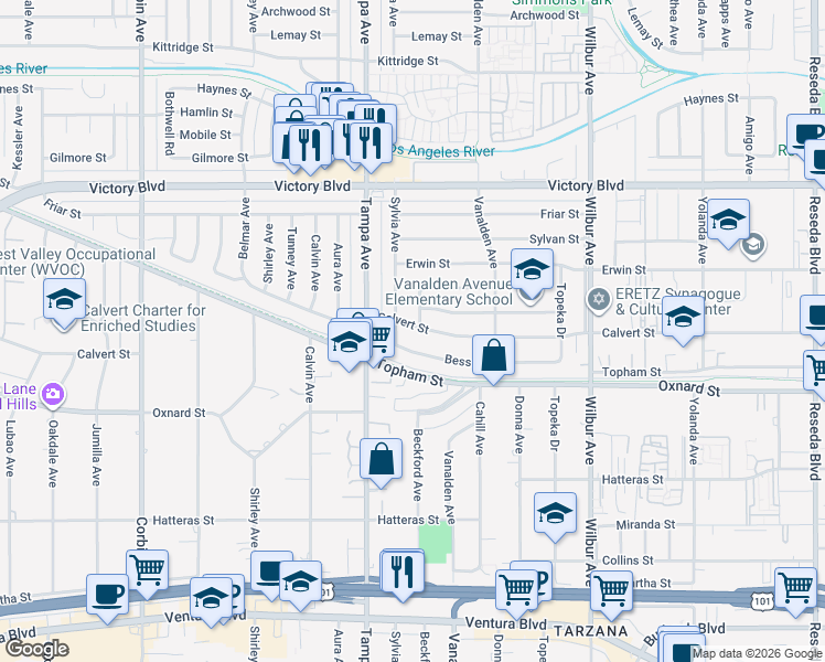 map of restaurants, bars, coffee shops, grocery stores, and more near 19165 Calvert Street in Los Angeles