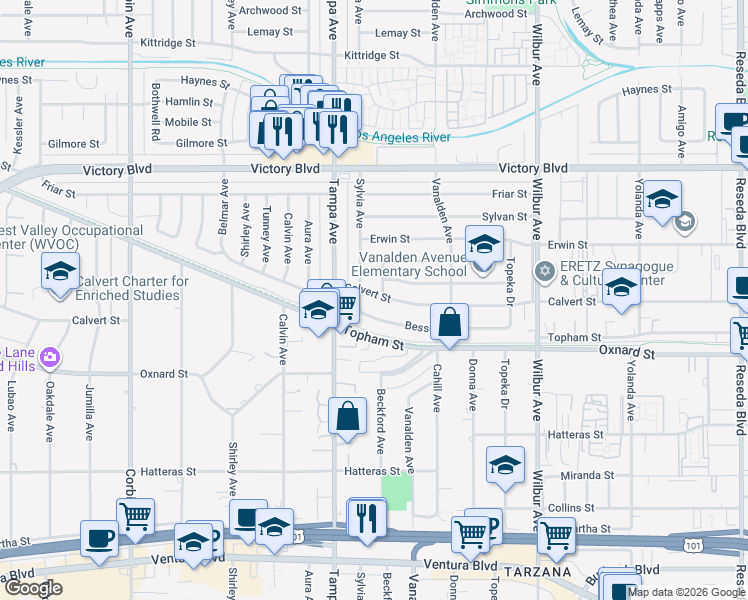 map of restaurants, bars, coffee shops, grocery stores, and more near 6133 Sylvia Avenue in Los Angeles