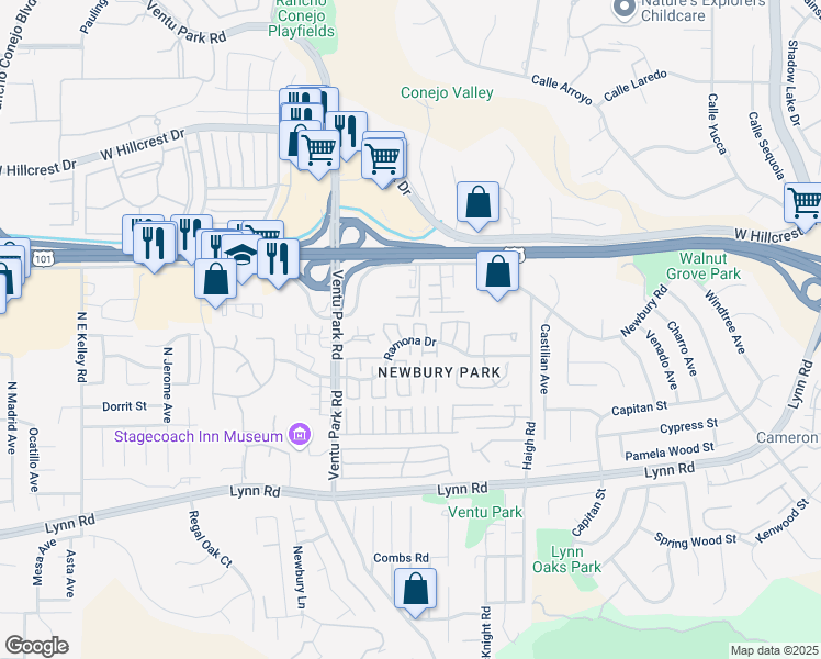 map of restaurants, bars, coffee shops, grocery stores, and more near 1277 Ramona Drive in Thousand Oaks