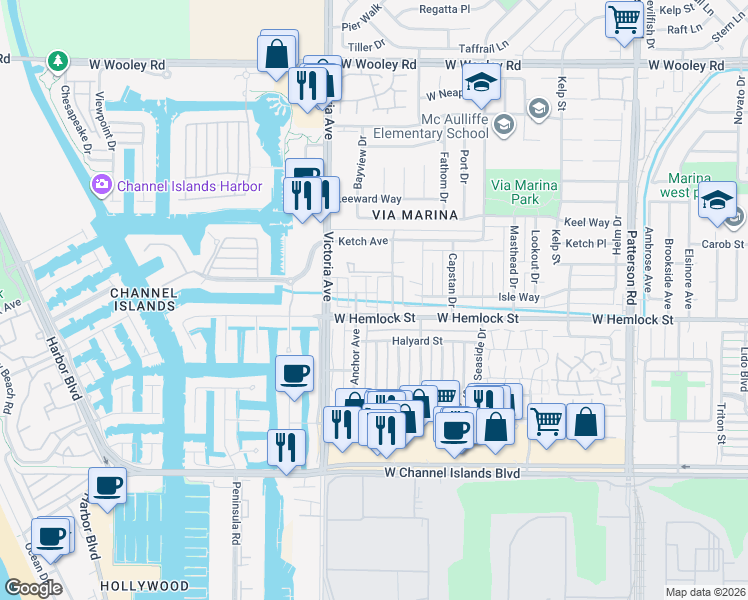map of restaurants, bars, coffee shops, grocery stores, and more near 3664 Islander Walk in Oxnard