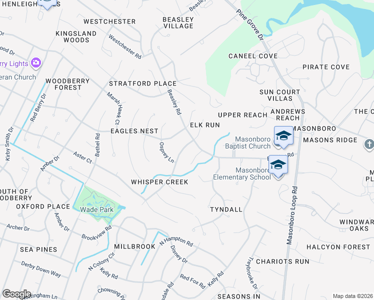 map of restaurants, bars, coffee shops, grocery stores, and more near 5536 Whisper Creek Lane in Wilmington