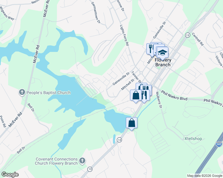 map of restaurants, bars, coffee shops, grocery stores, and more near 6193 Gainesville Street in Flowery Branch