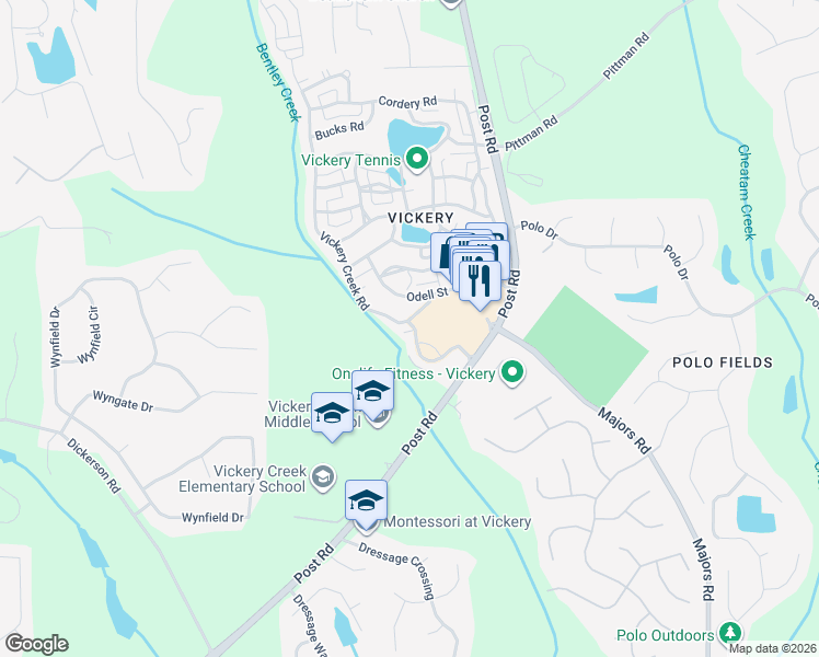 map of restaurants, bars, coffee shops, grocery stores, and more near 6151 Vickery Creek Road in Cumming